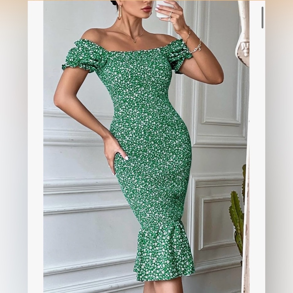 Elegant Green Floral Midi Dress